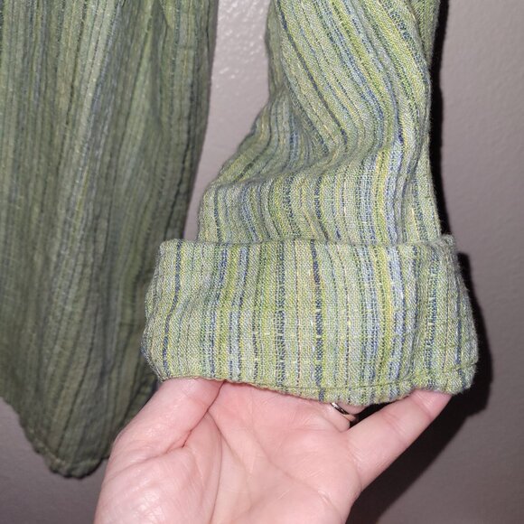 Flax Shirt Womens S Green Striped V-Neck Button Front Lagenlook Shacket Beach - Picture 4 of 11